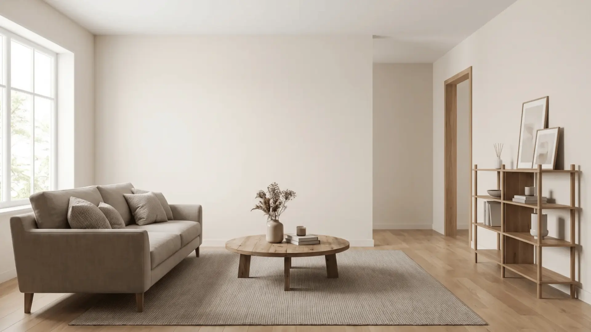 Room with Heron Plume walls, warm greige accents, and natural wood details