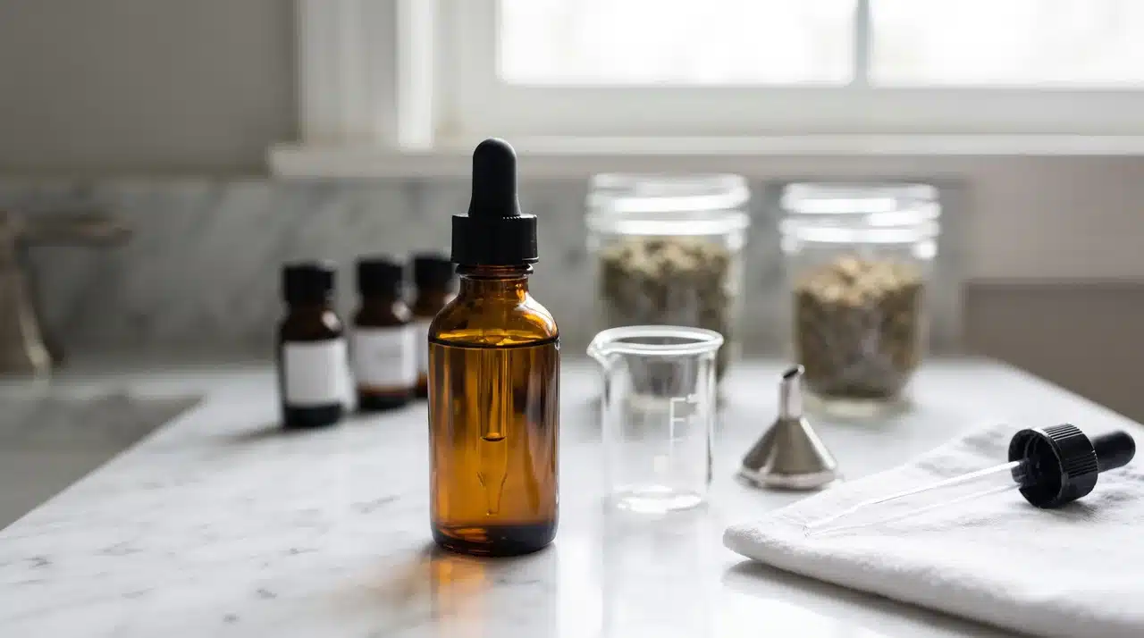 Homemade beard oil dropper bottle with oil ingredients