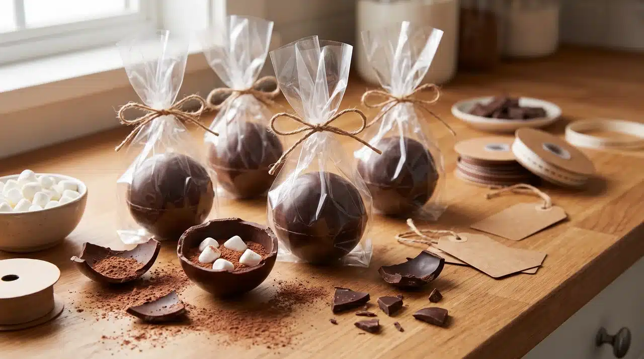 Homemade hot cocoa bombs with chocolate shells and marshmallows
