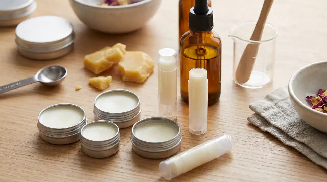 Homemade lip balm tins with beeswax and oil ingredients