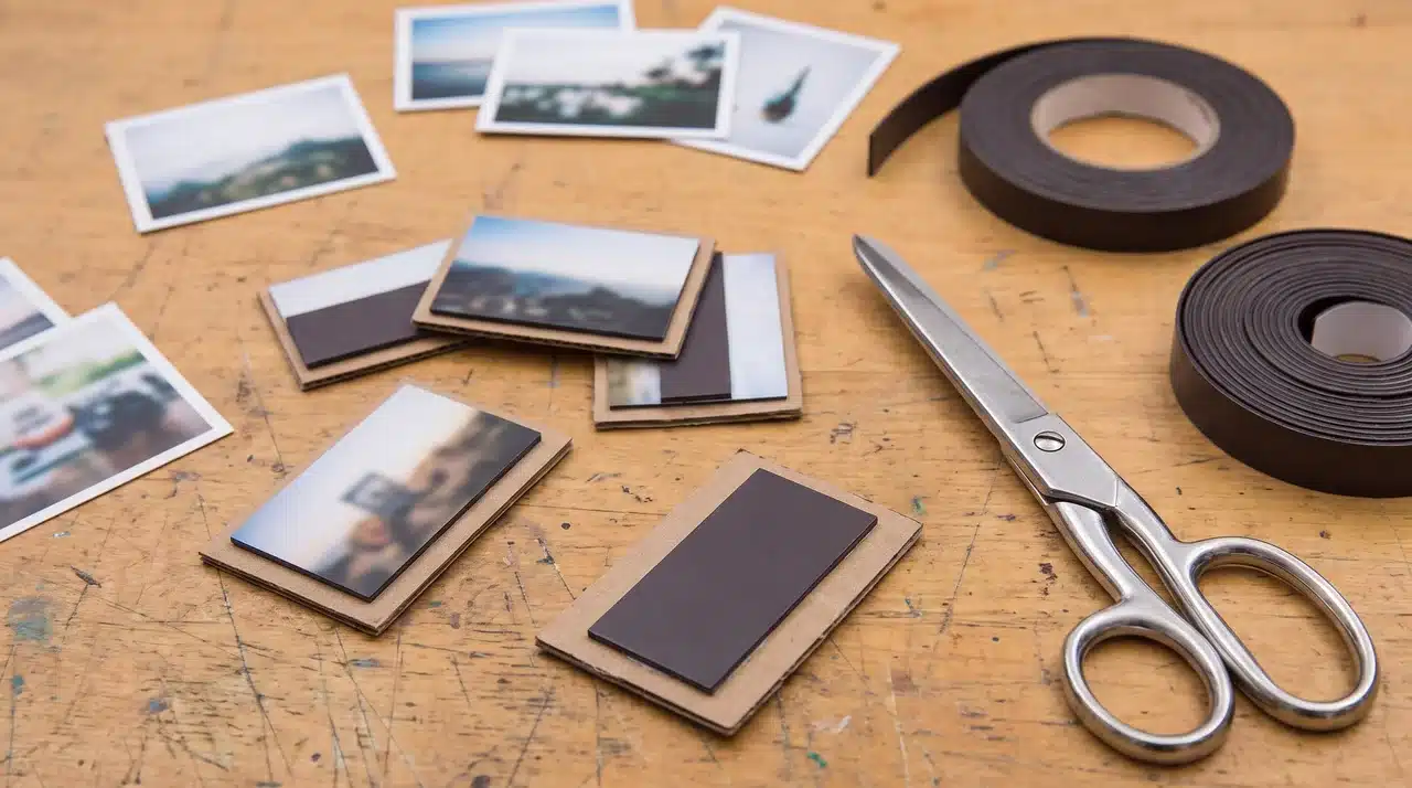 Homemade photo magnets with printed pictures and craft supplies