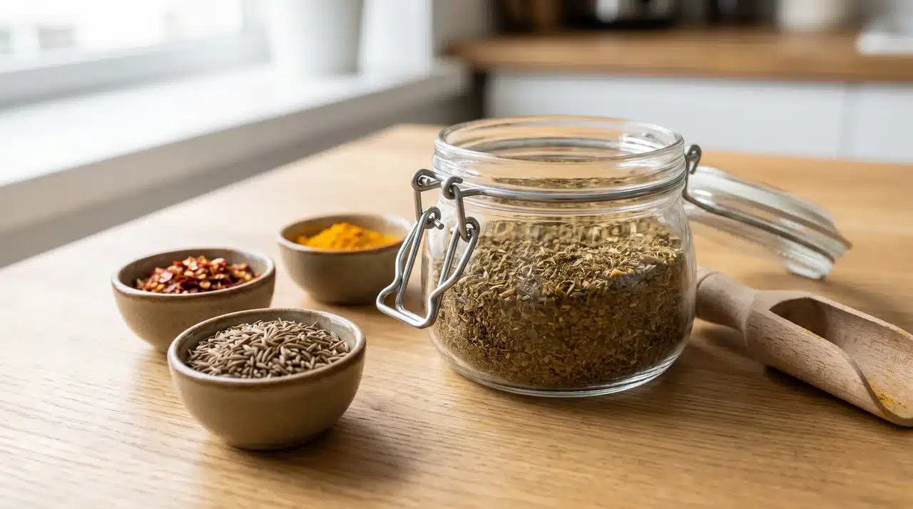 Airtight jar partly filled with mixed dried herbs and spices beside measured ingredients