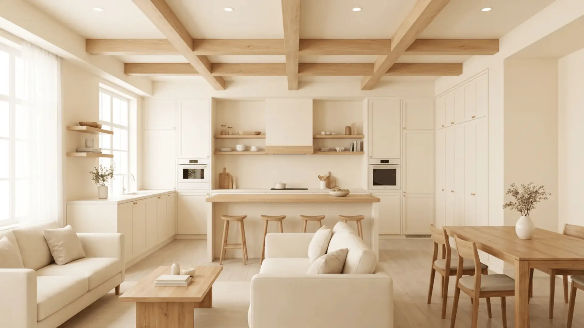 Open room with Honied White walls and cabinets beside natural wood accents