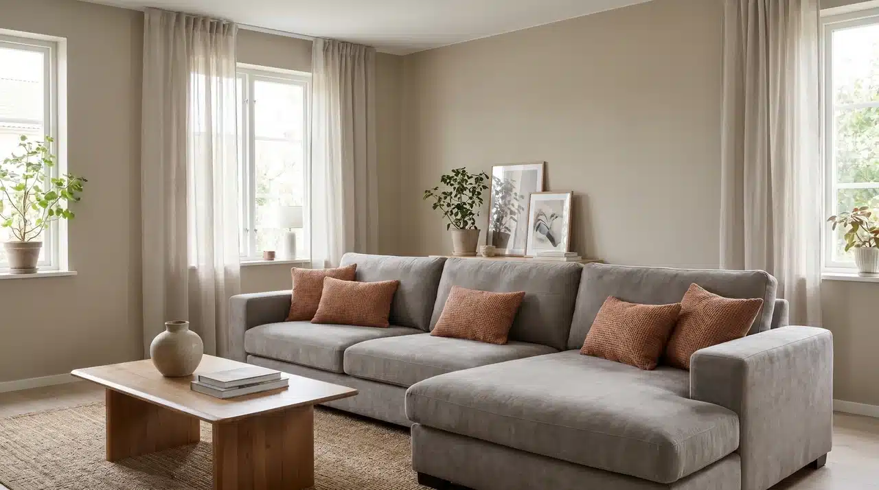 A living room demonstrating the 60/30/10 rule with warm beige walls, a gray sofa as secondary color, and terracotta cushions as accents.