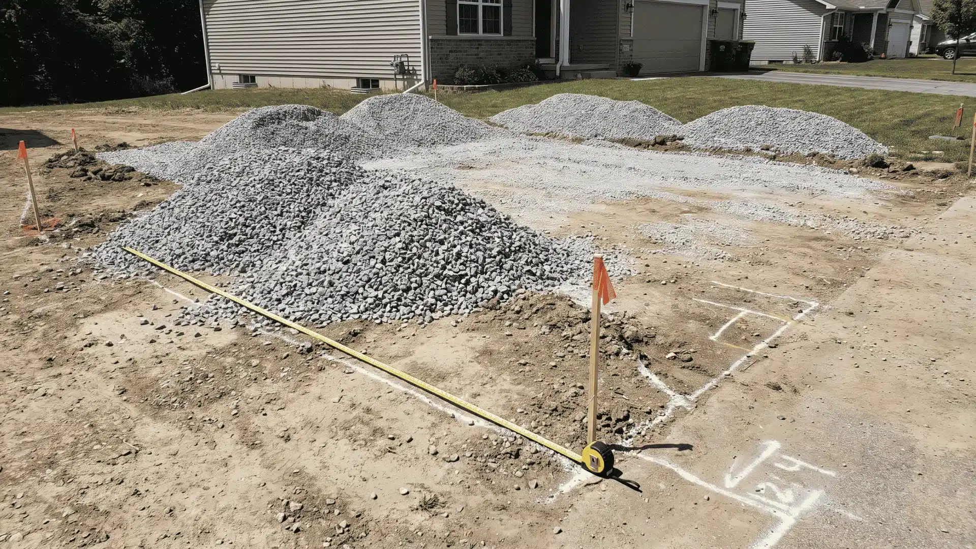 Gravel delivery beside a measured driveway prepared for installation.