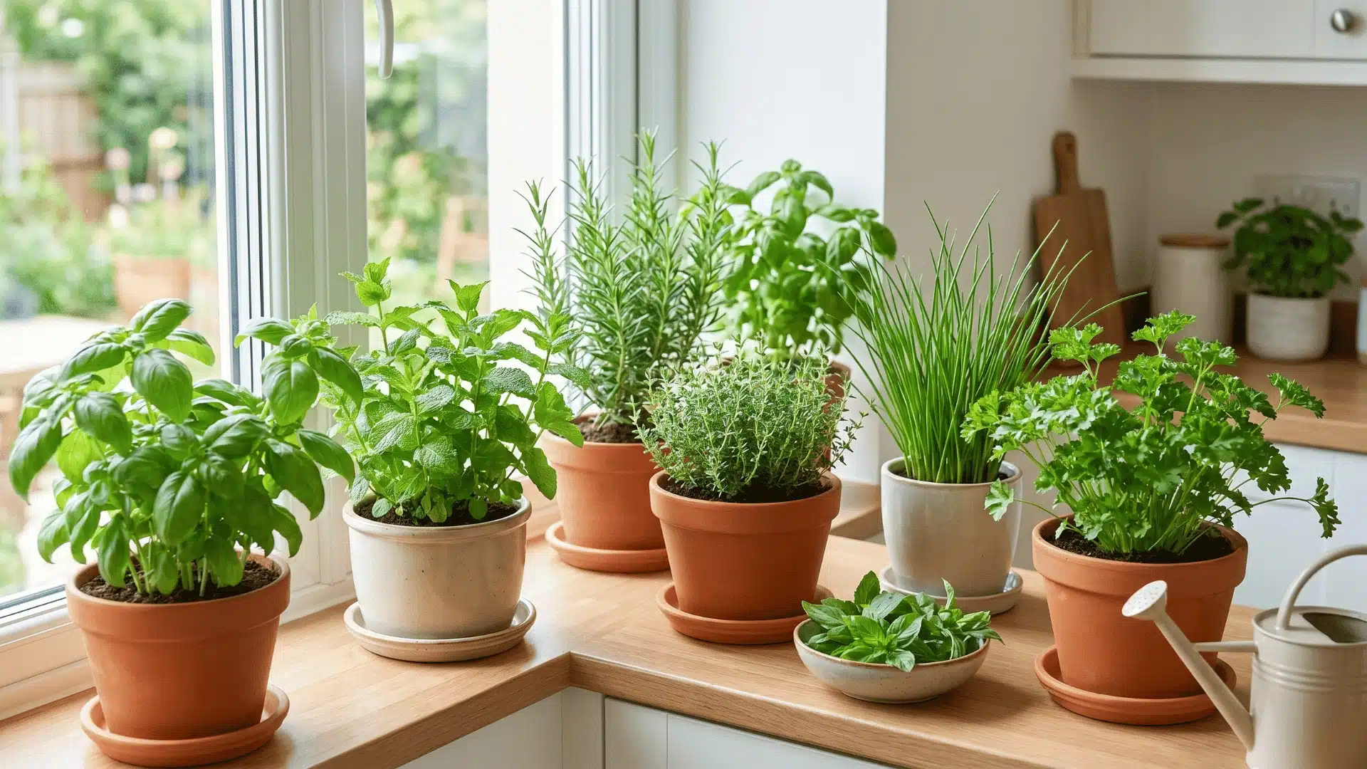 Assorted culinary herbs growing in pots on a sunny indoor windowsill, including basil, mint, rosemary, thyme, chives, and parsley.