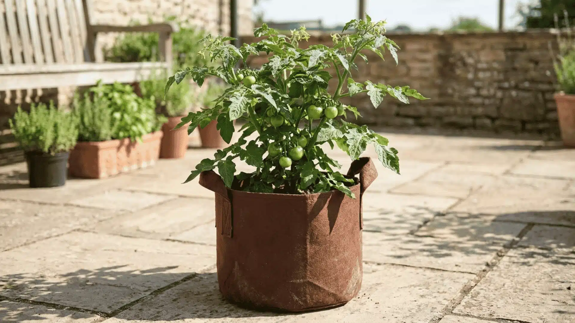 Tomato plant growing in a fabric grow bag on an outdoor patio surface in natural daylight
