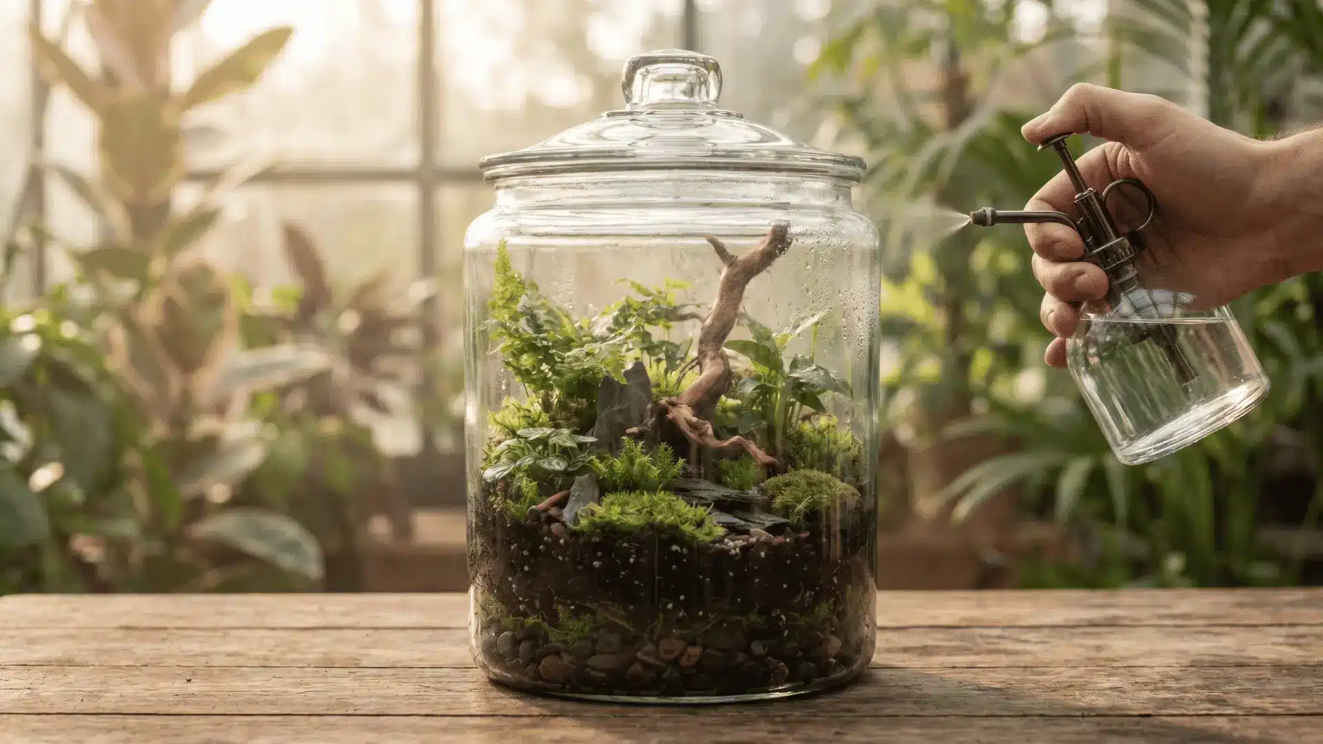 Finished closed terrarium in glass jar with moss, plants, wood, and stones being misted, showing a self-sustaining ecosystem setup.