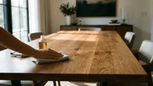 Hand polishing a wooden dining table with a microfiber cloth.