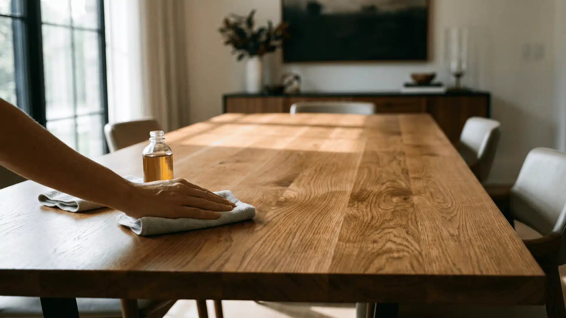 Hand polishing a wooden dining table with a microfiber cloth.