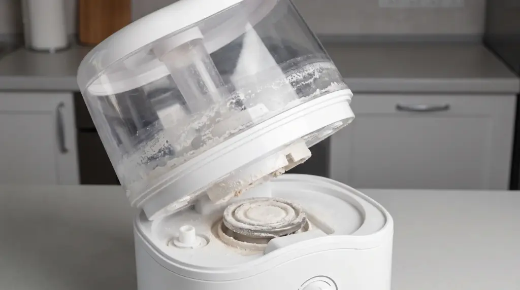 Humidifier interior showing mineral scale buildup inside the water tank and base.
