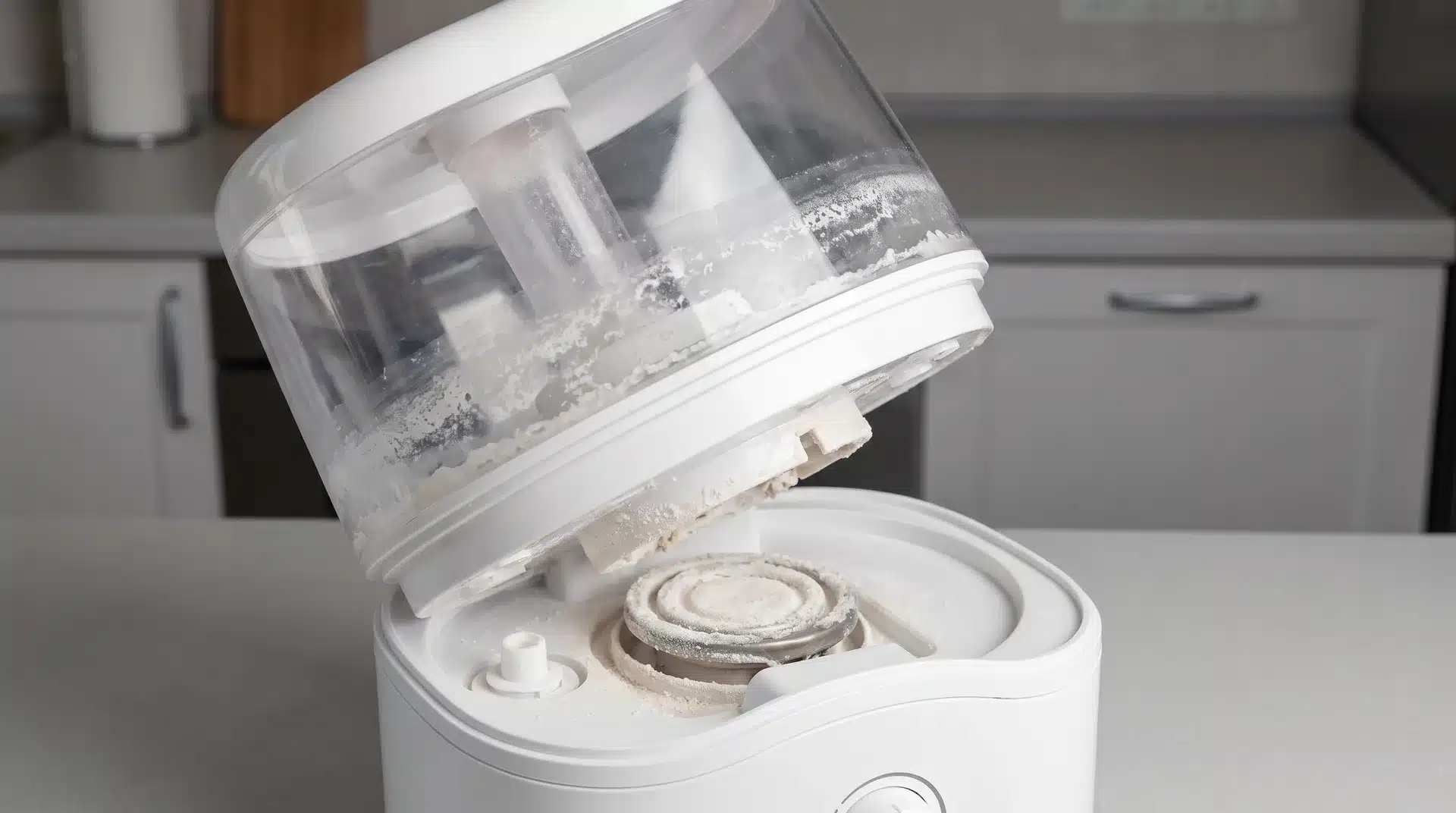 Humidifier interior showing mineral scale buildup inside the water tank and base.