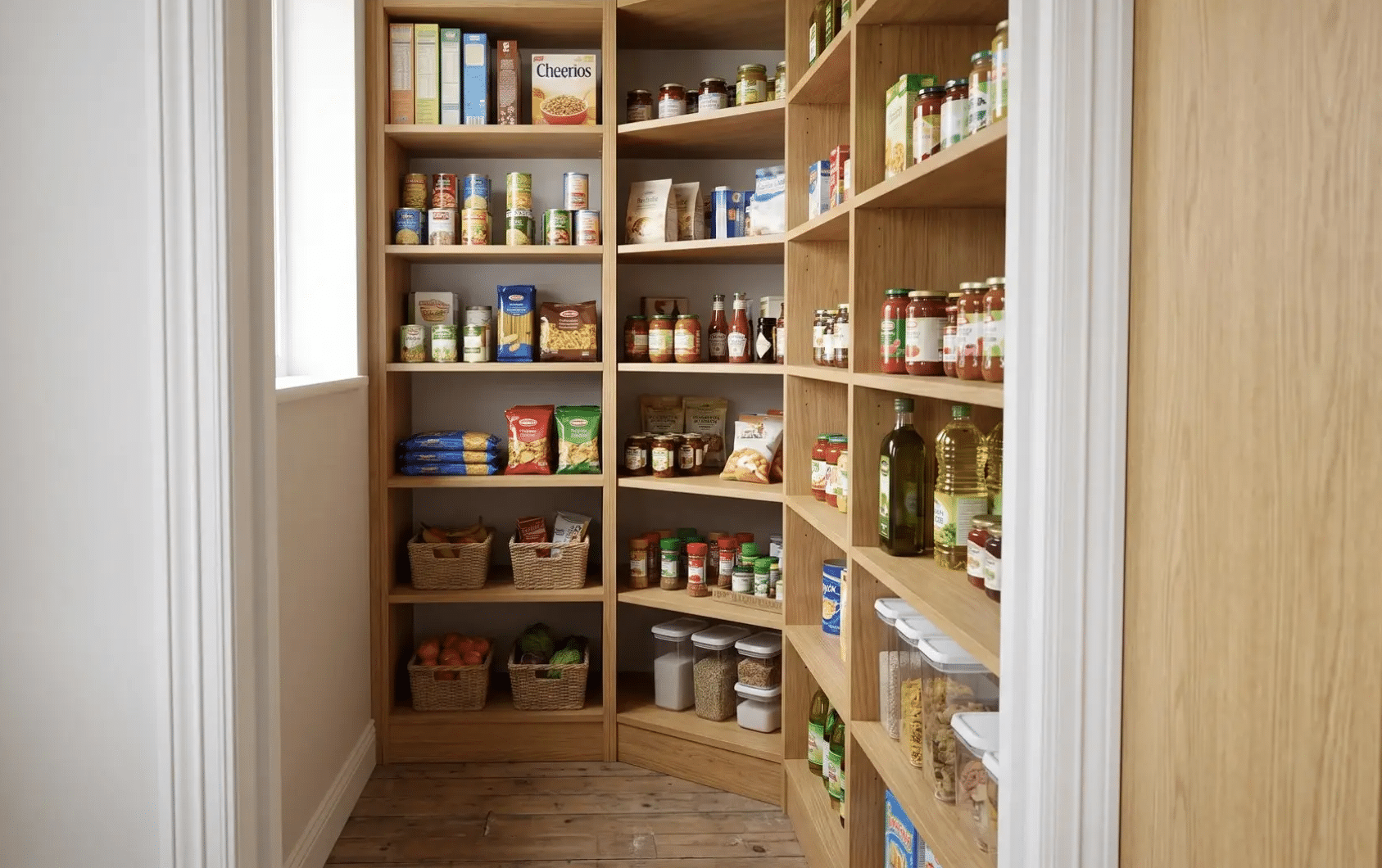 Small pantry with wood corner shelves holding cereal boxes, jars, cans, baskets, spices, and other household food items