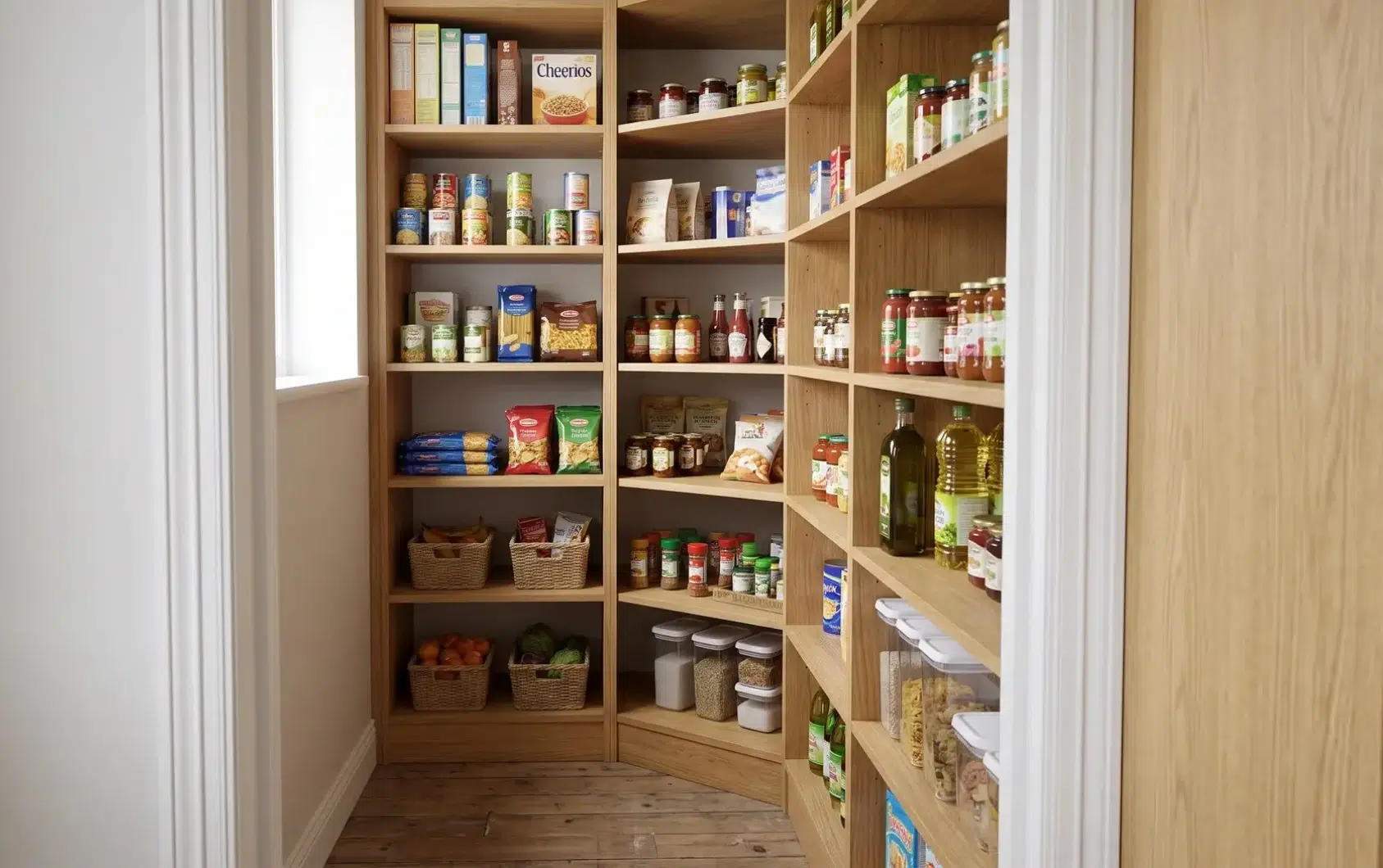 Small pantry with wood corner shelves holding cereal boxes, jars, cans, baskets, spices, and other household food items