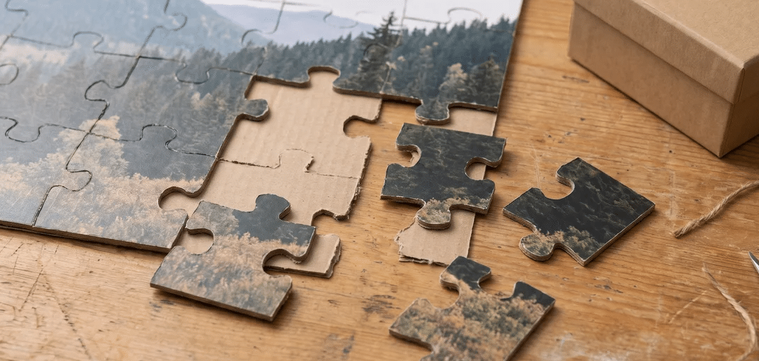 Homemade photo puzzle pieces with a printed picture and storage box
