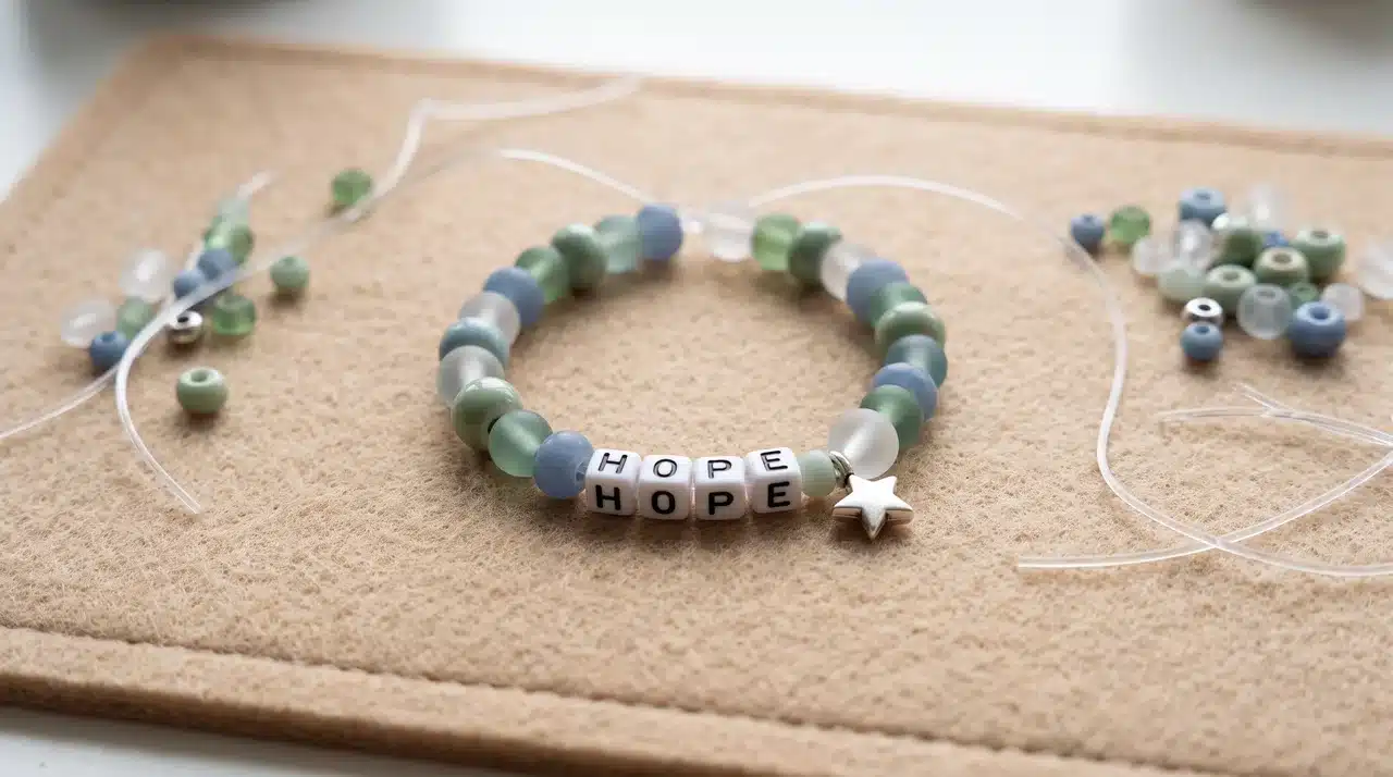 Beaded bracelet partly assembled on elastic cord with letter beads and a small charm
