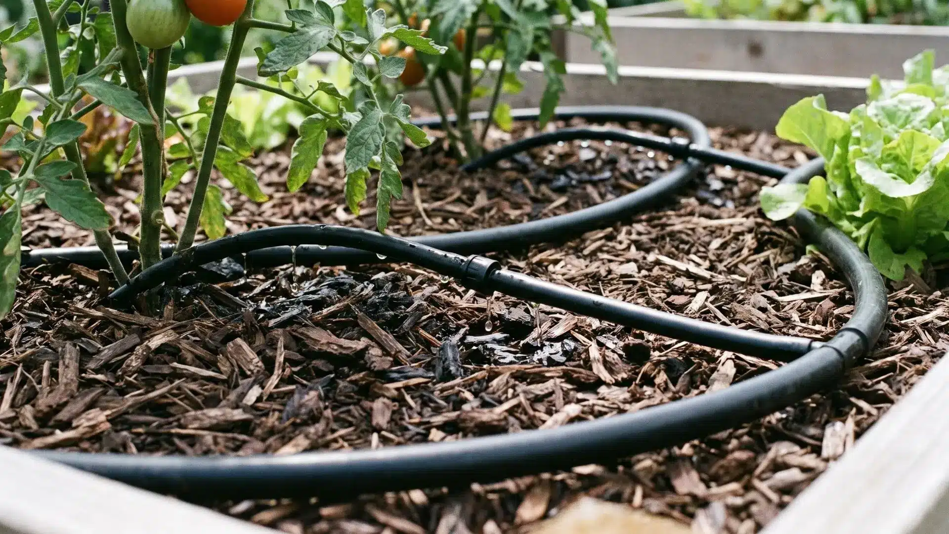 Drip irrigation lines delivering water directly to plant roots in a landscaped bed.