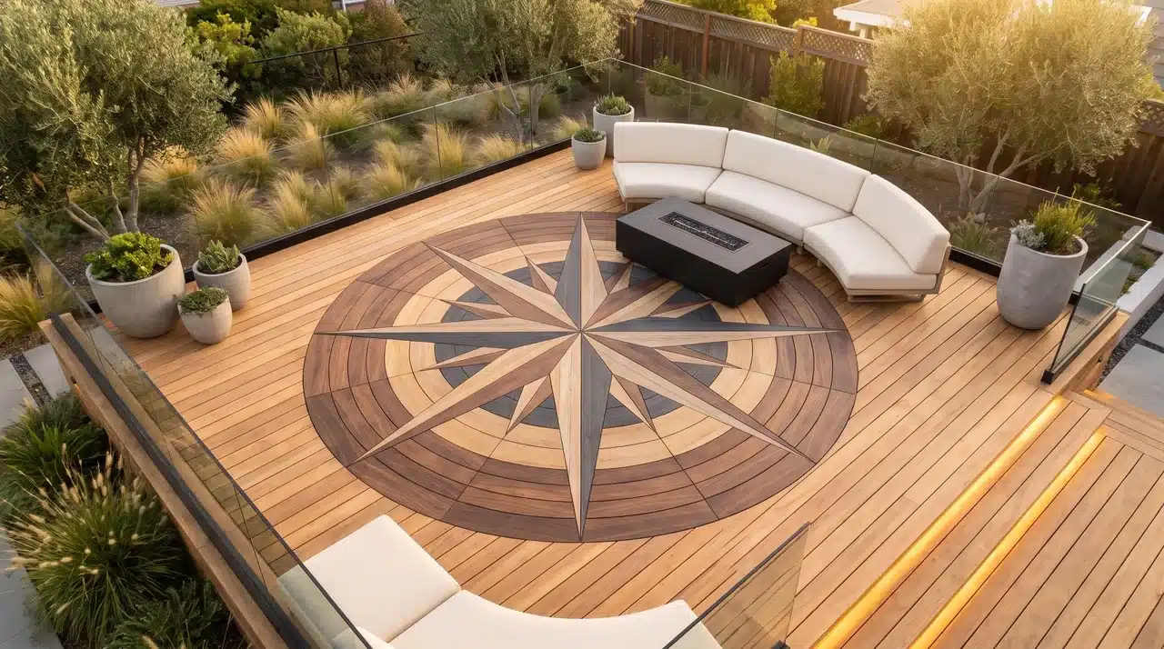 Luxury cedar deck with a handcrafted compass rose inlay, minimalist seating, glass railing, and elegant architectural styling.