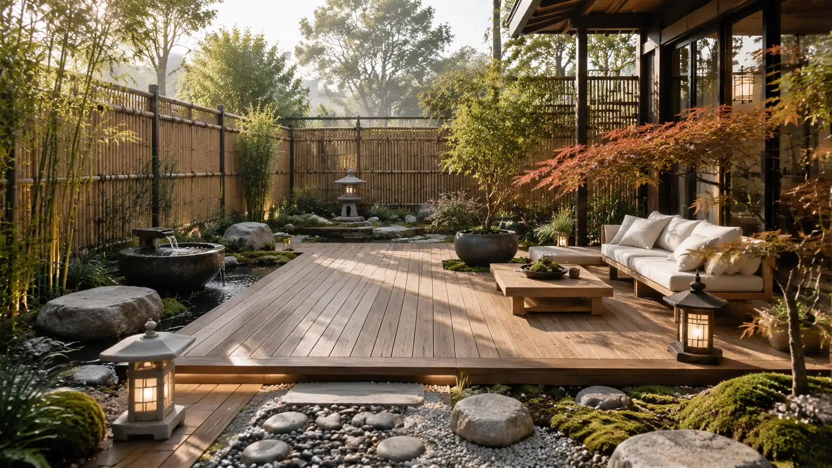 Modern wooden deck with natural bamboo privacy screens, stone lanterns, Japanese maple, and minimalist outdoor garden styling.