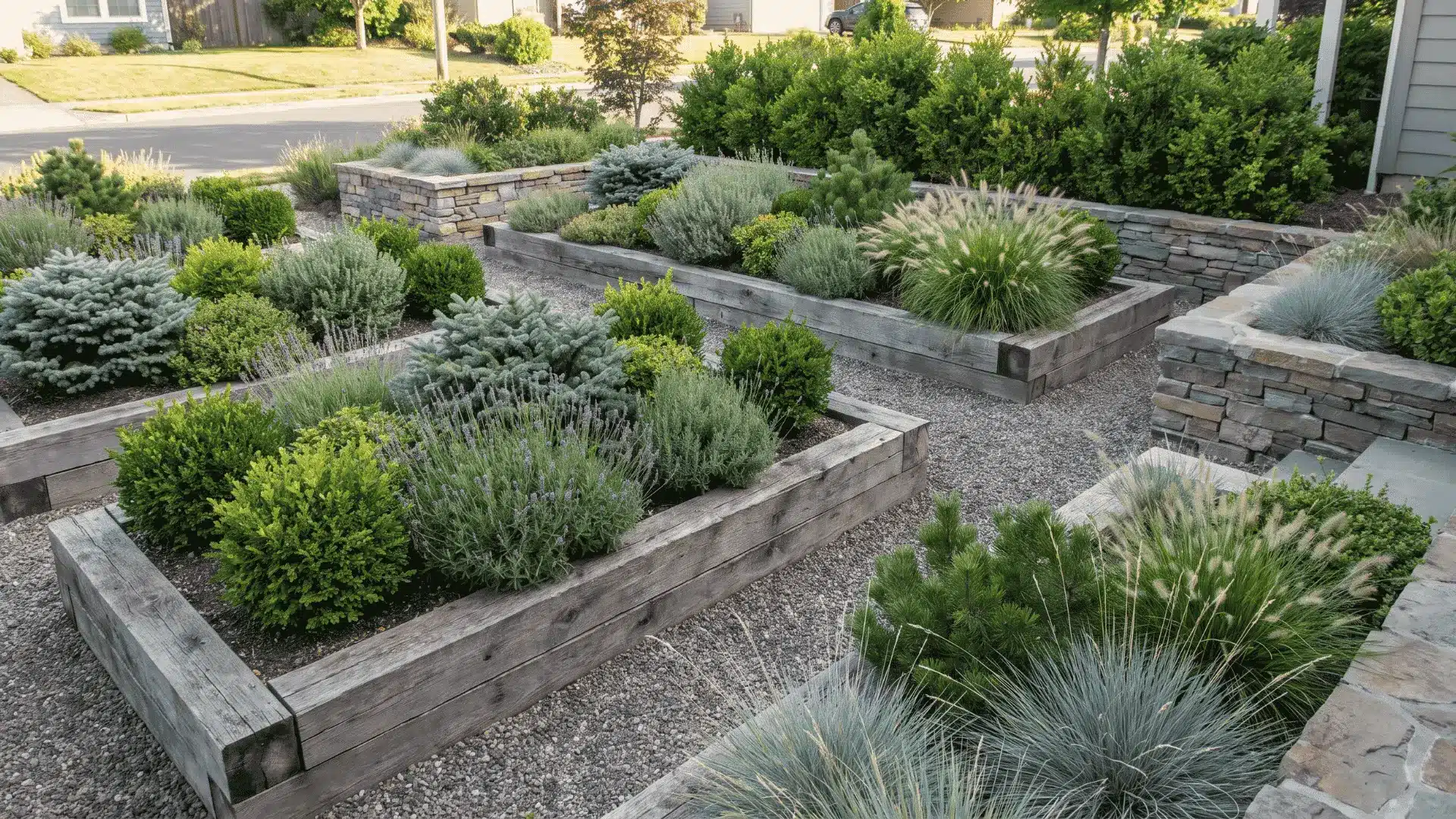 Raised landscape beds with neatly planted shrubs and grasses in a structured front yard design.