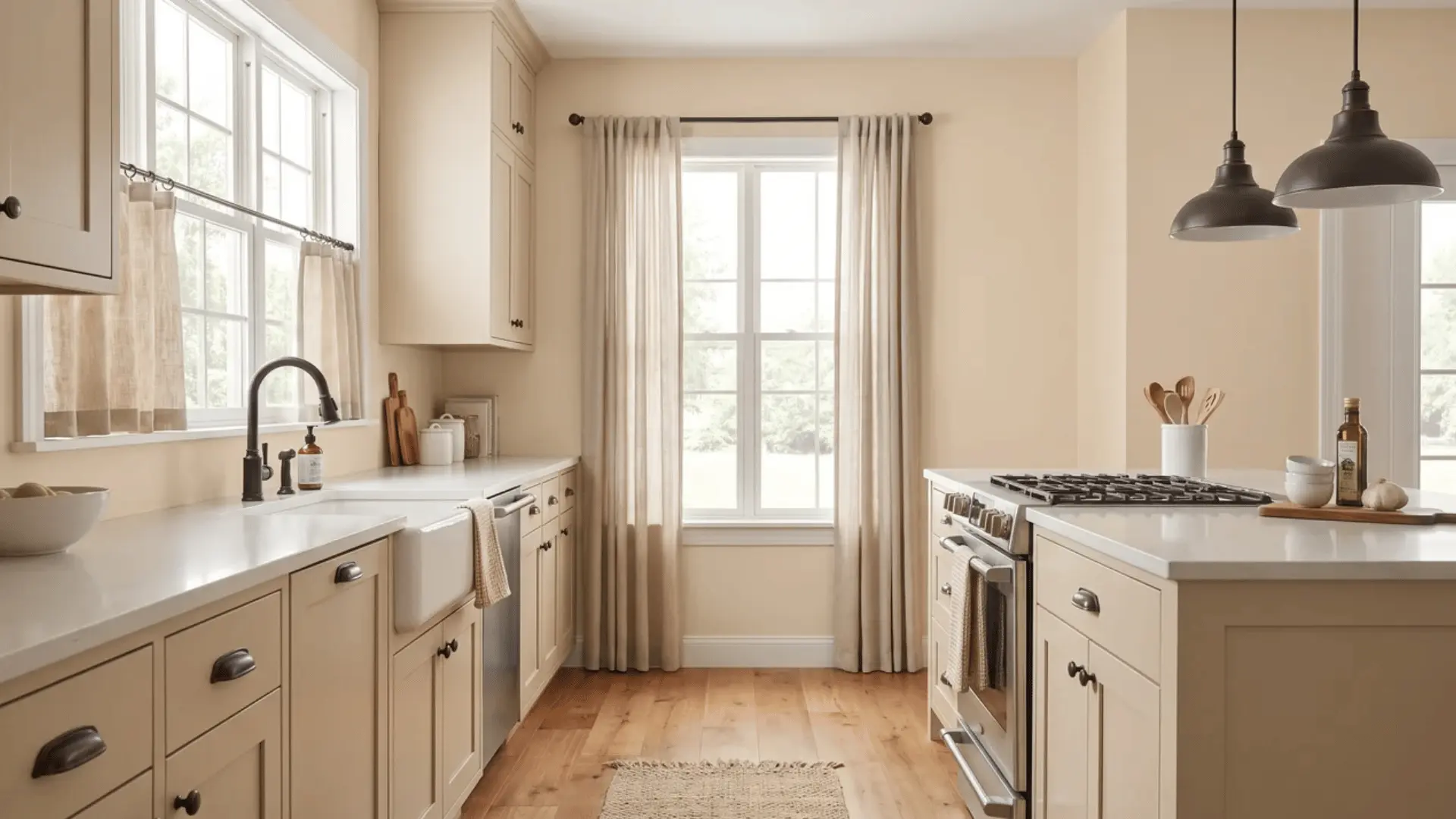 Kitchen with ivory walls, honey wood flooring, aged bronze fixtures, and oatmeal textiles