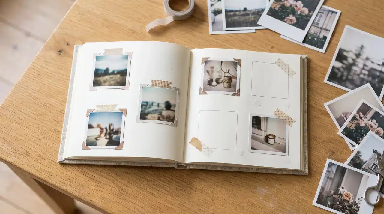 Open photo album with mounted pictures, decorative paper, and loose photos around it