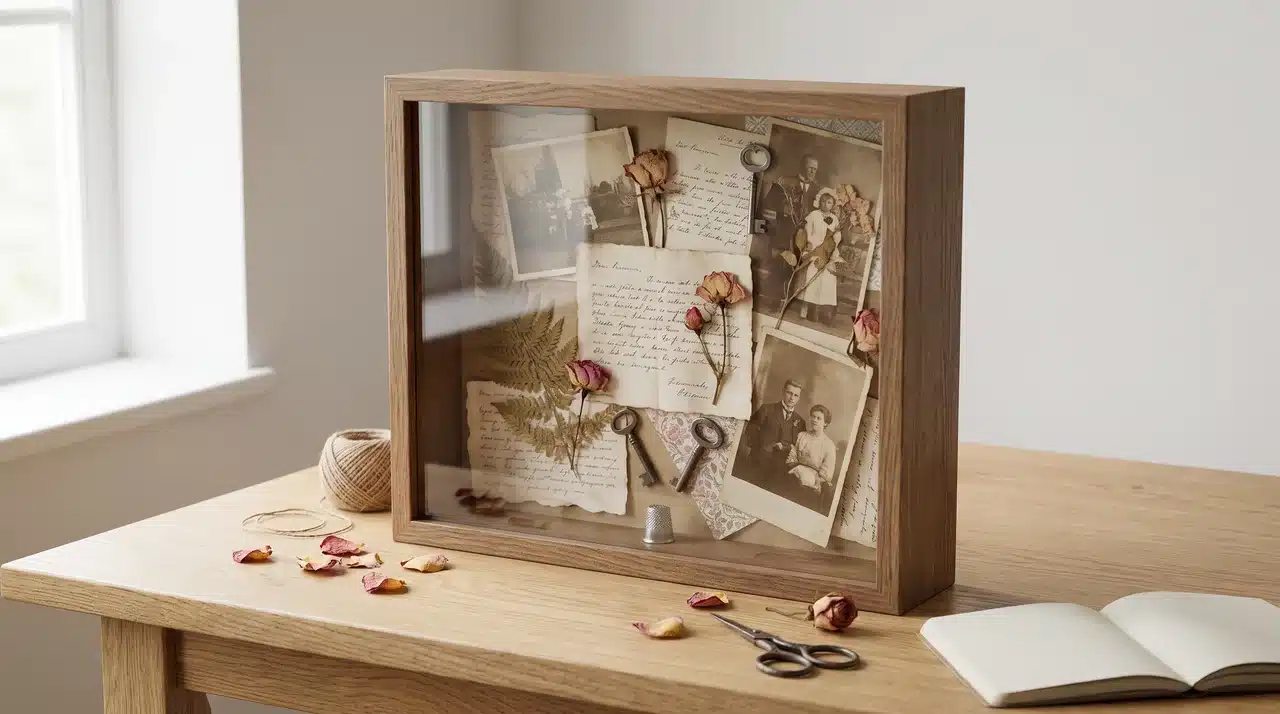 Shadow box frame with photos, dried flowers, and layered keepsakes inside