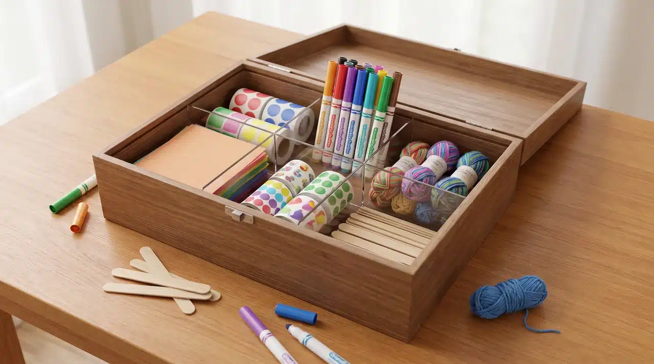 Craft kit box with paper, stickers, washable markers, yarn, and craft sticks in compartments