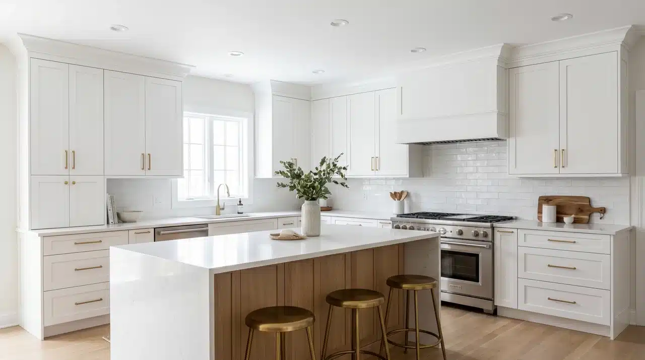 Transitional kitchen with white shaker cabinets running to the ceiling finished with matching white crown molding at the cabinet tops.