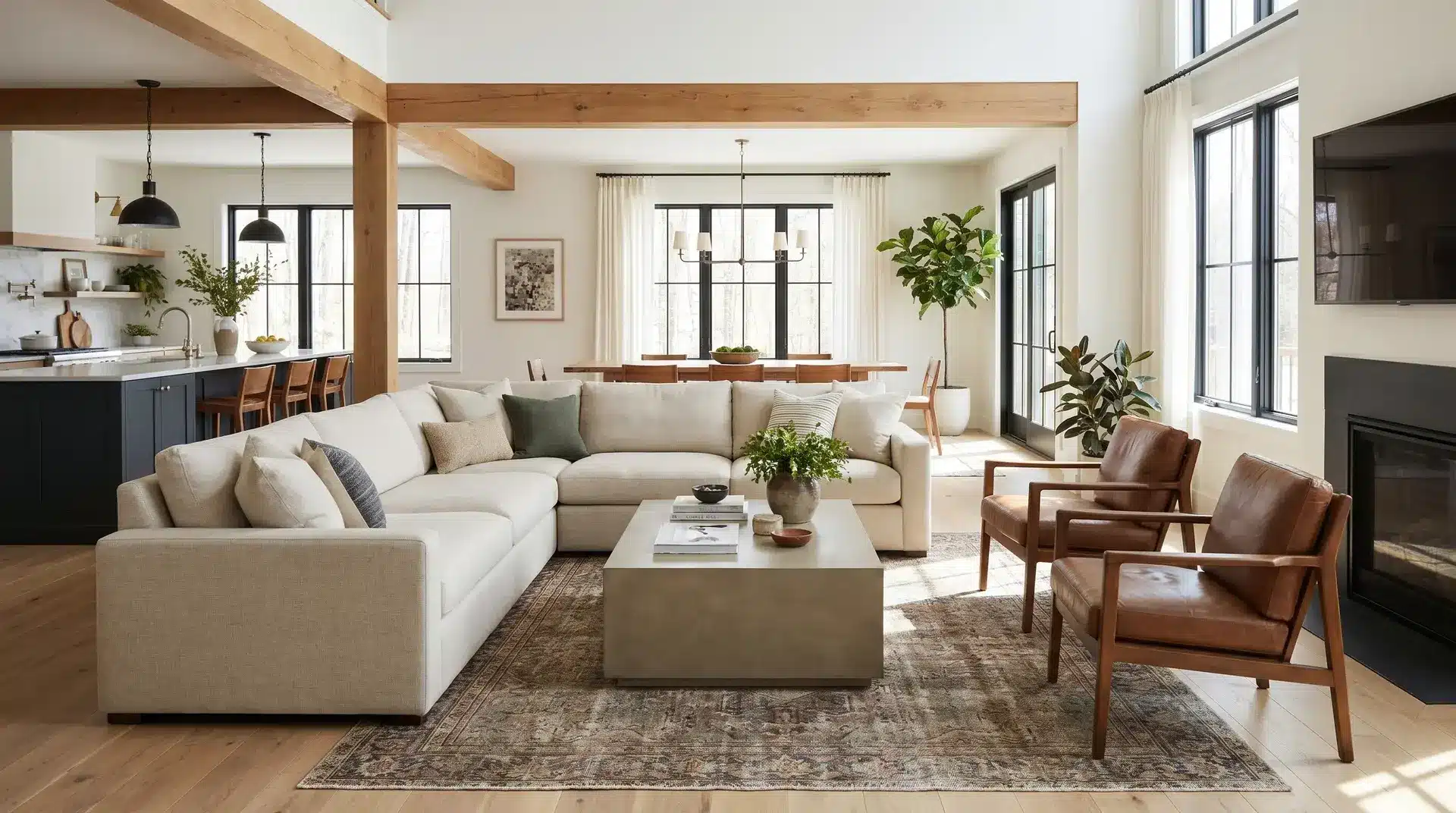 L-shaped sectional sofa creating defined seating zones and guiding flow in an open living room.