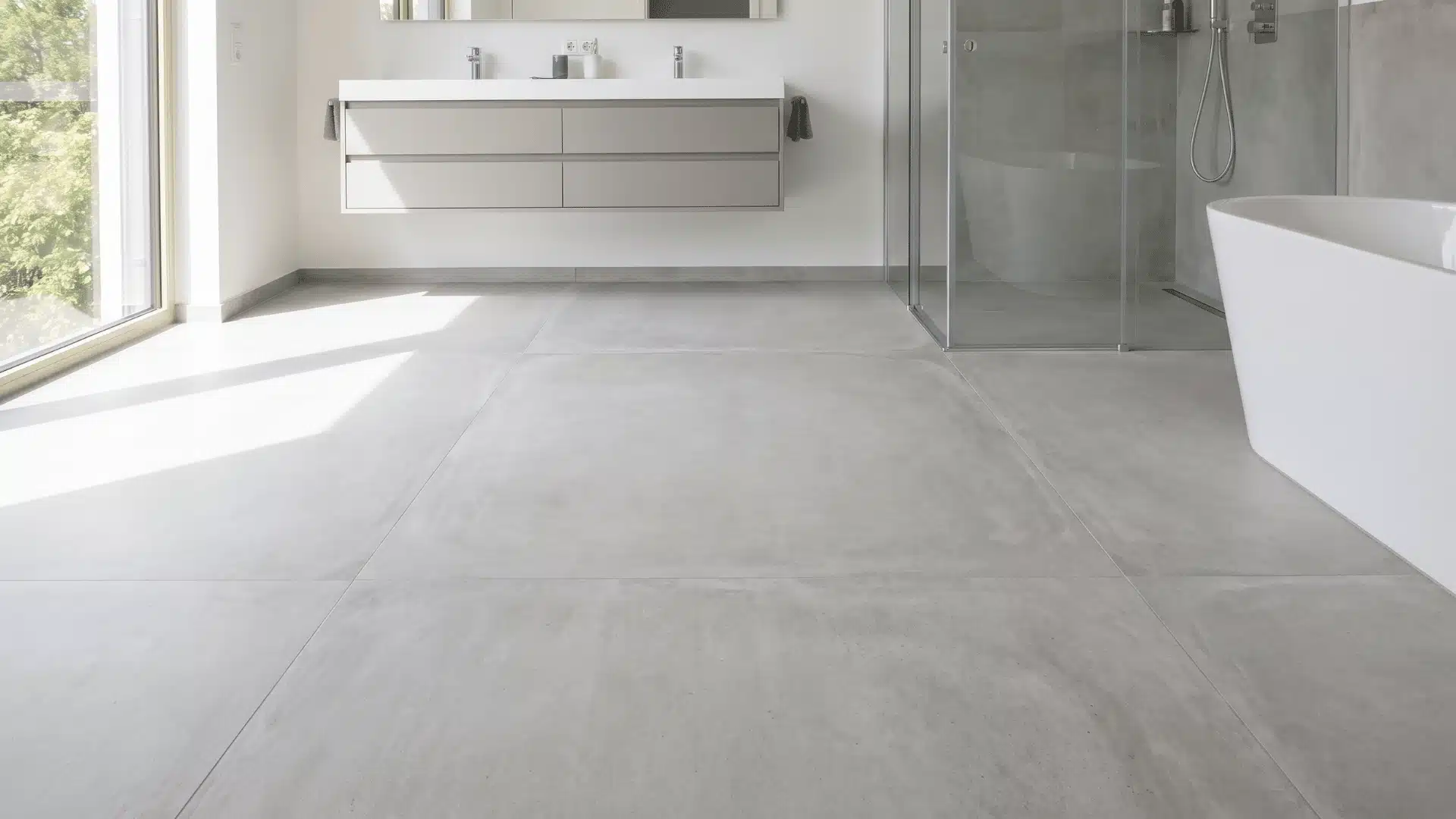 Large format bathroom floor tiles with minimal grout lines