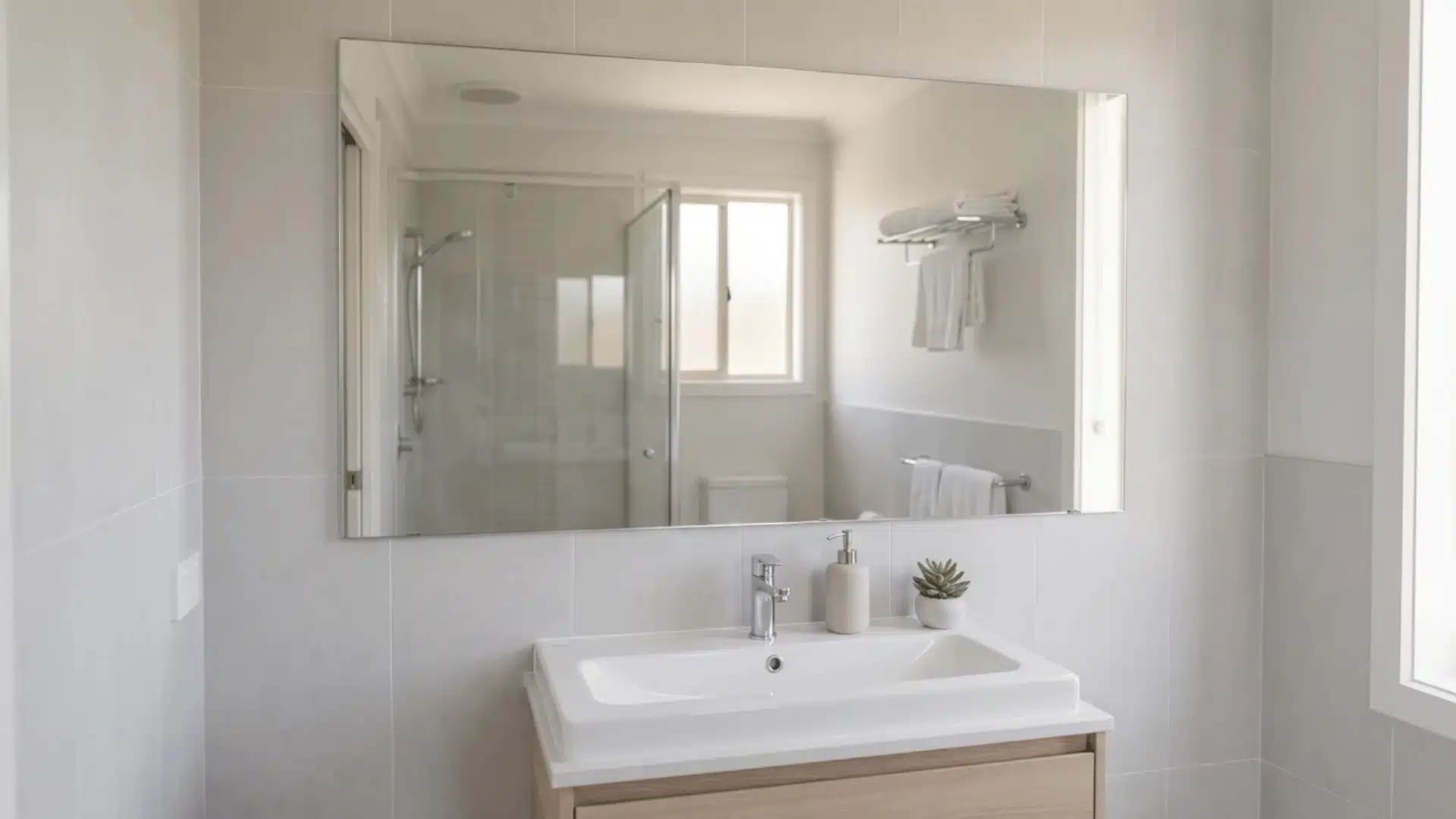Large mirror mounted above a sink in a small bathroom