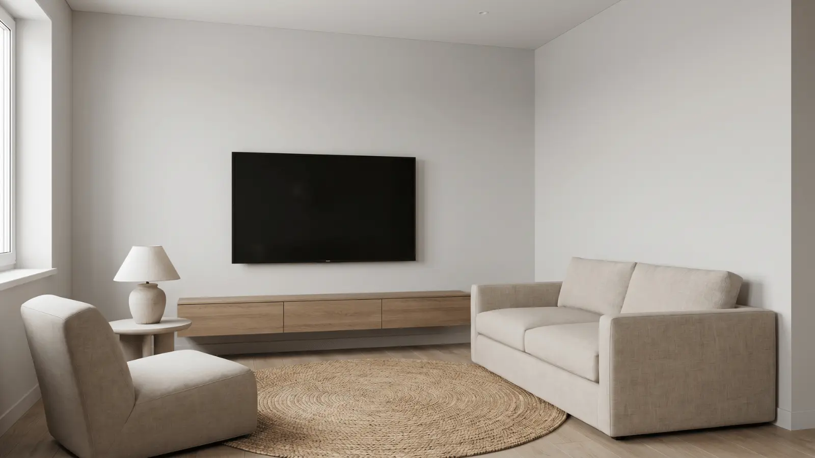 Small living room with large wall mounted TV and minimal furniture arrangement