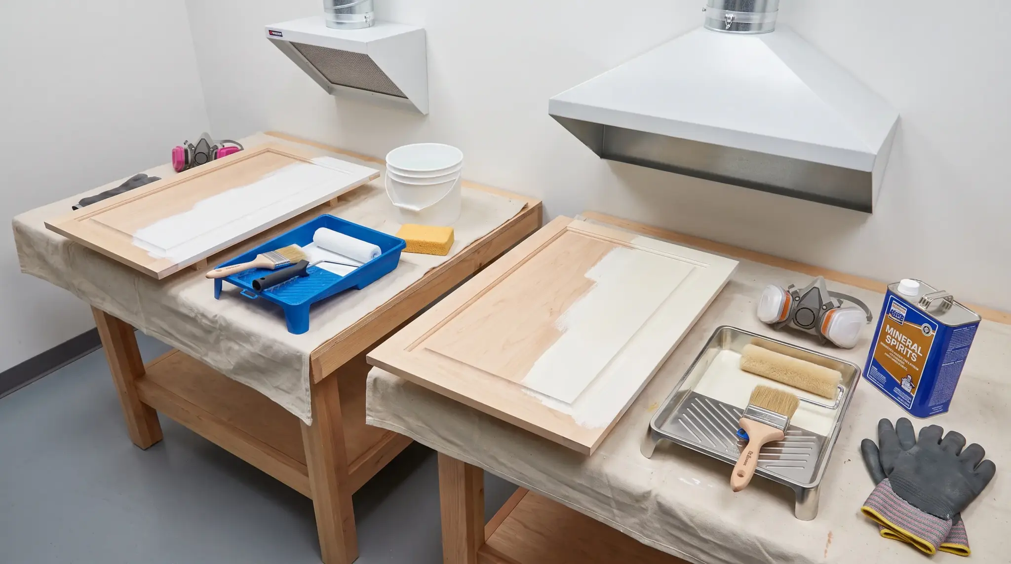 Cabinet doors and supplies arranged for applying latex and oil-based cabinet paint