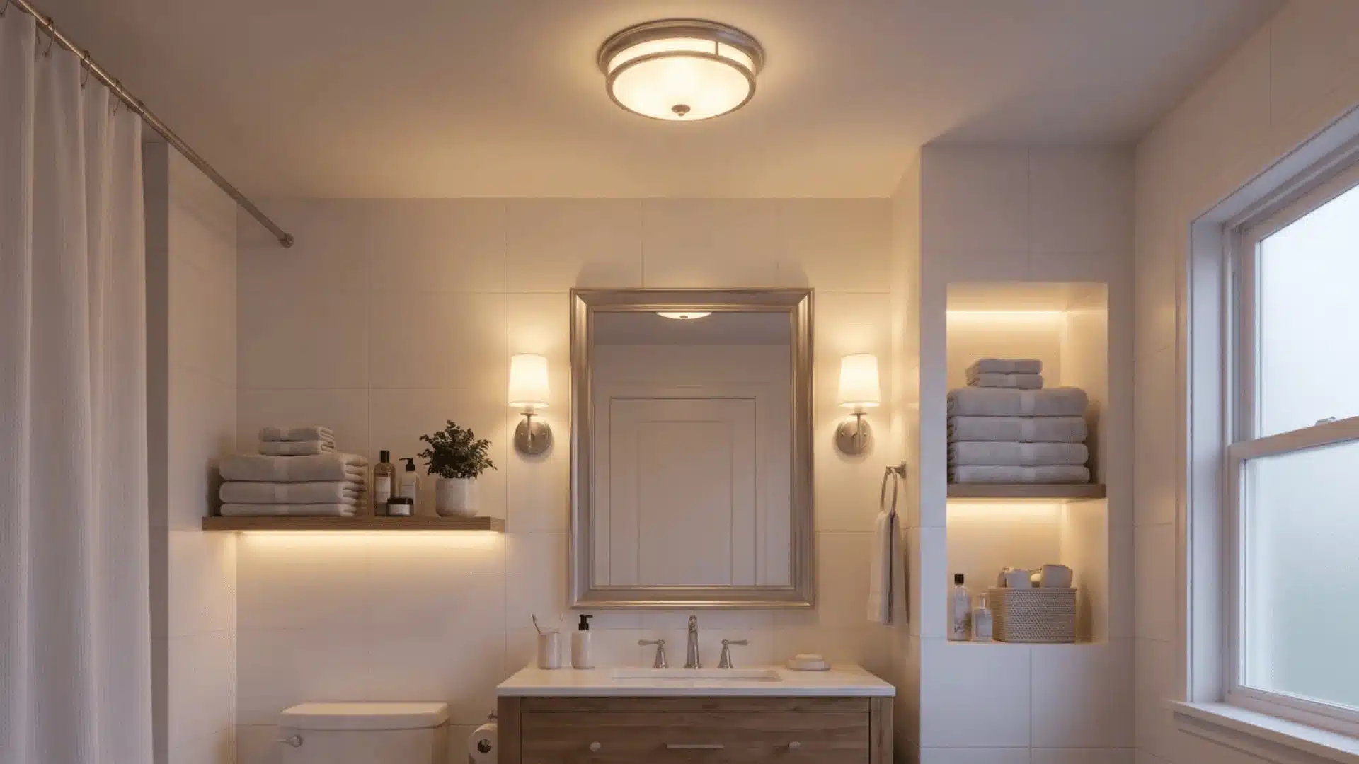 Small bathroom with ceiling light, mirror task lighting, and softer lighting across the room