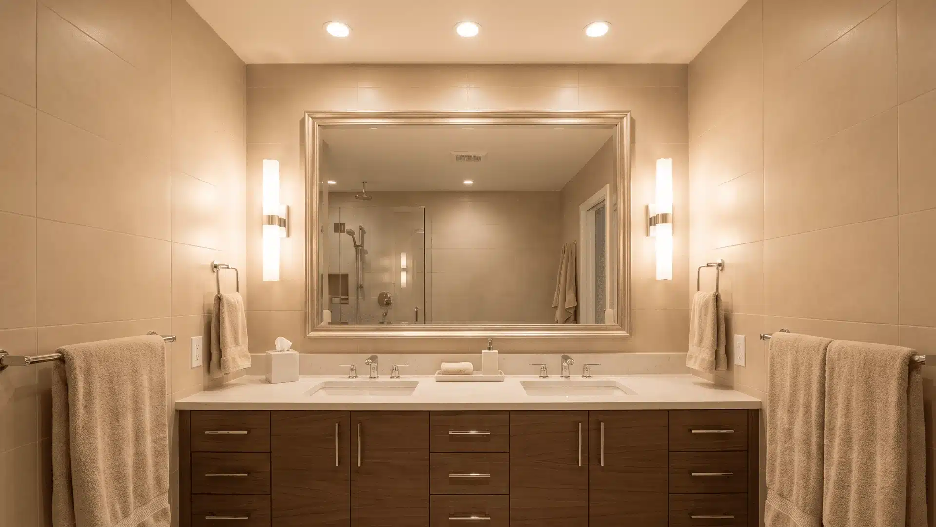 Bathroom with ceiling lights and wall sconces creating balanced mirror lighting