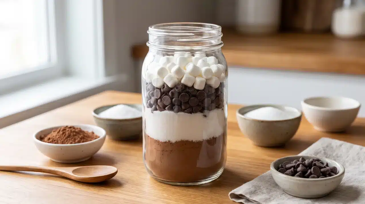 Glass jar layered with cocoa powder, sugar, chocolate chips, and mini marshmallows