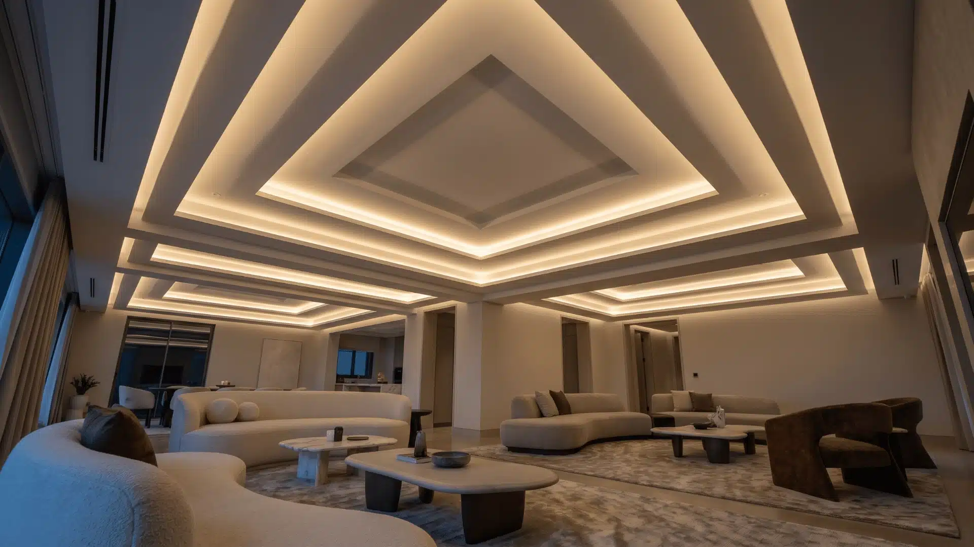 Layered tray ceiling with multiple recessed levels illuminated at varying intensities.