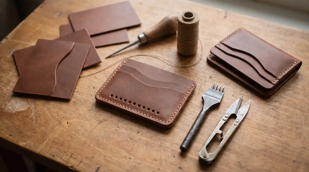 Leather card holder with stitched panels and crafting tools on a wooden surface