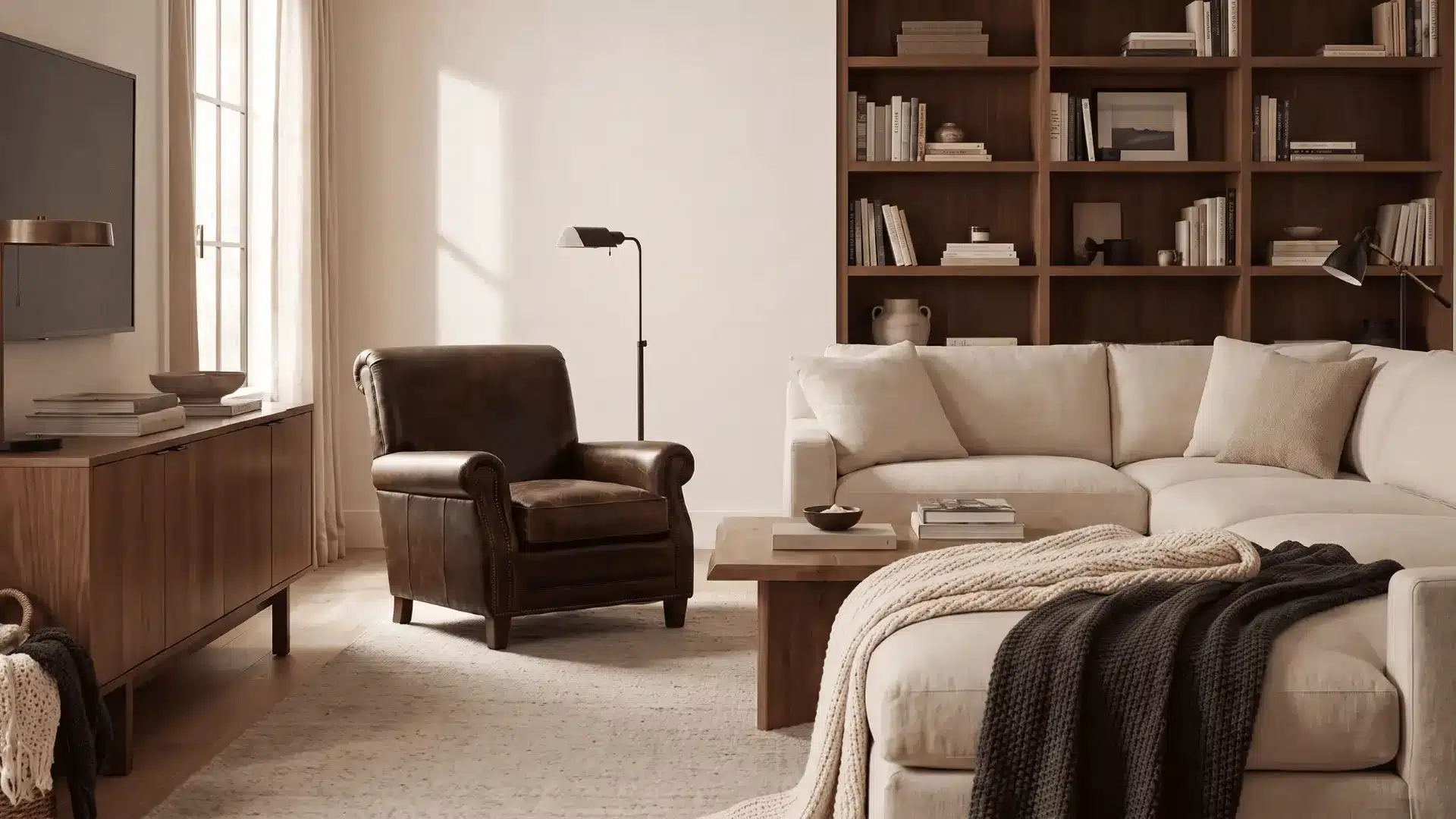 Masculine room with a dark brown leather chair, wood furniture, cream sectional sofa, and neutral decor.