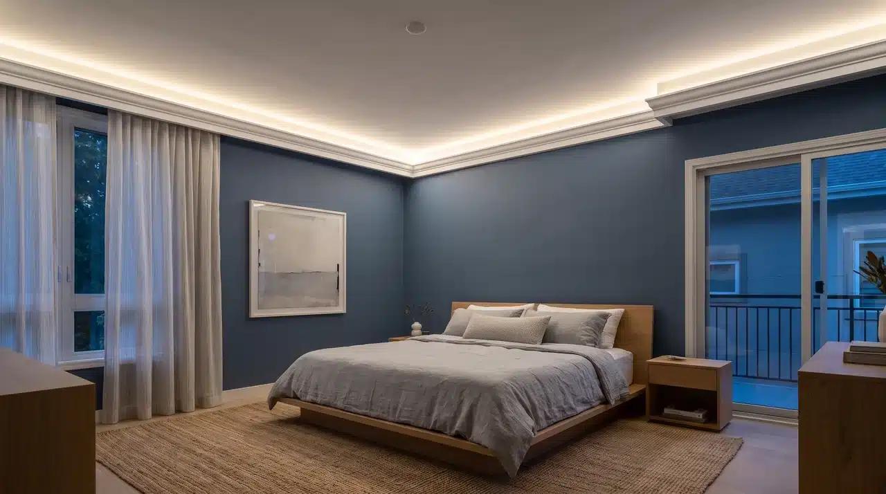 Contemporary bedroom with floating crown molding and hidden LED cove lighting casting a warm ambient glow on a white ceiling.