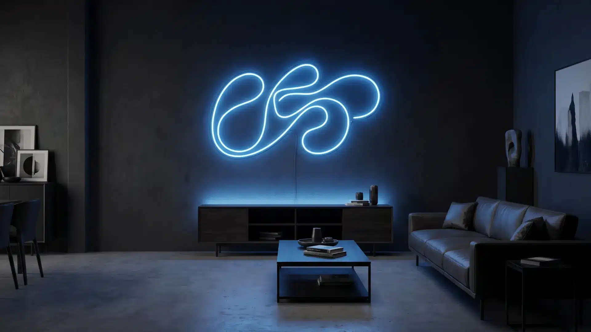 Dark modern men’s room with one blue LED neon light above a media cabinet