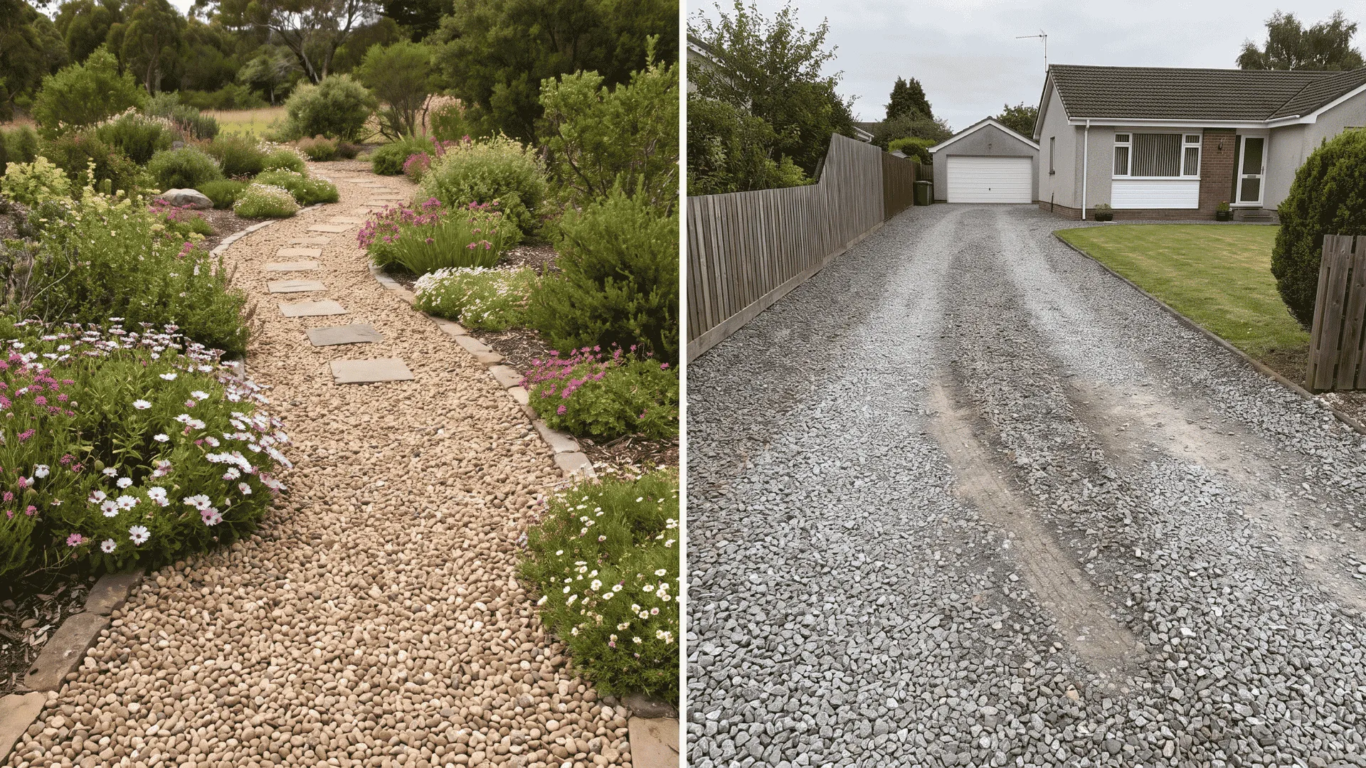 Pea gravel garden path beside a crushed stone driveway showing different intended uses.