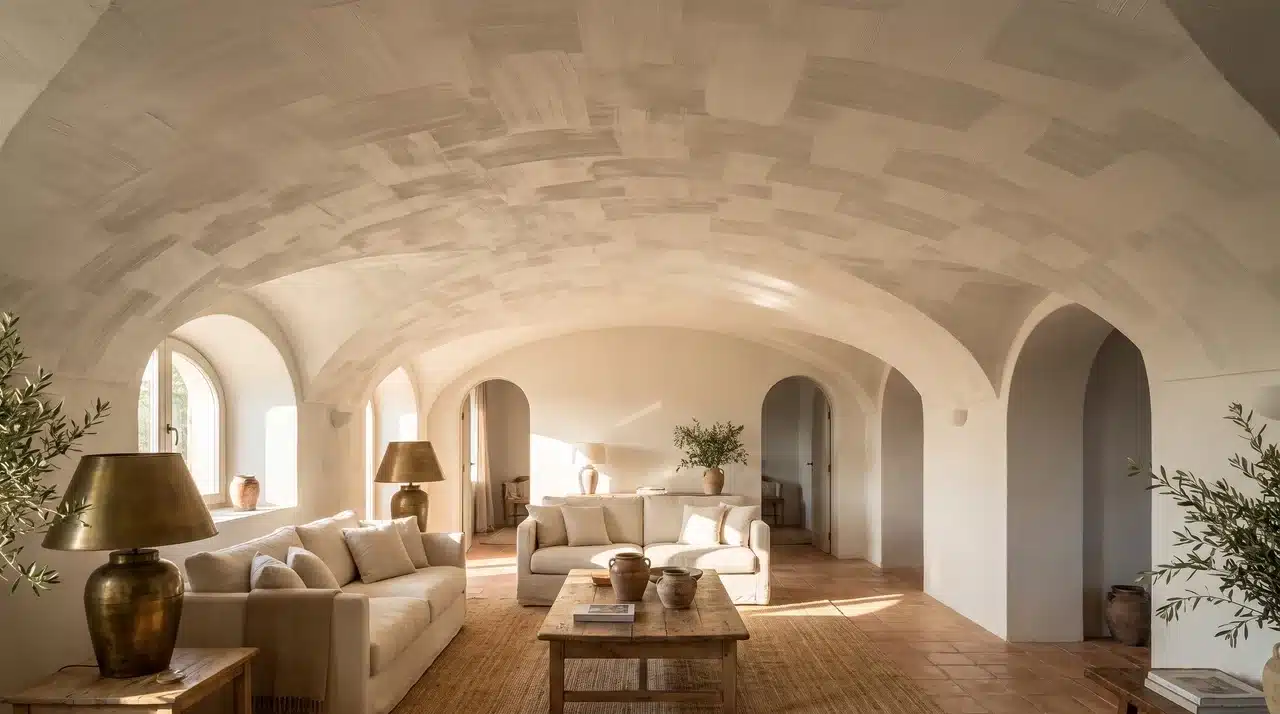 Vaulted ceiling finished in hand-applied ivory lime wash with visible layered brush strokes, warm afternoon light raking across the texture, Mediterranean living room.