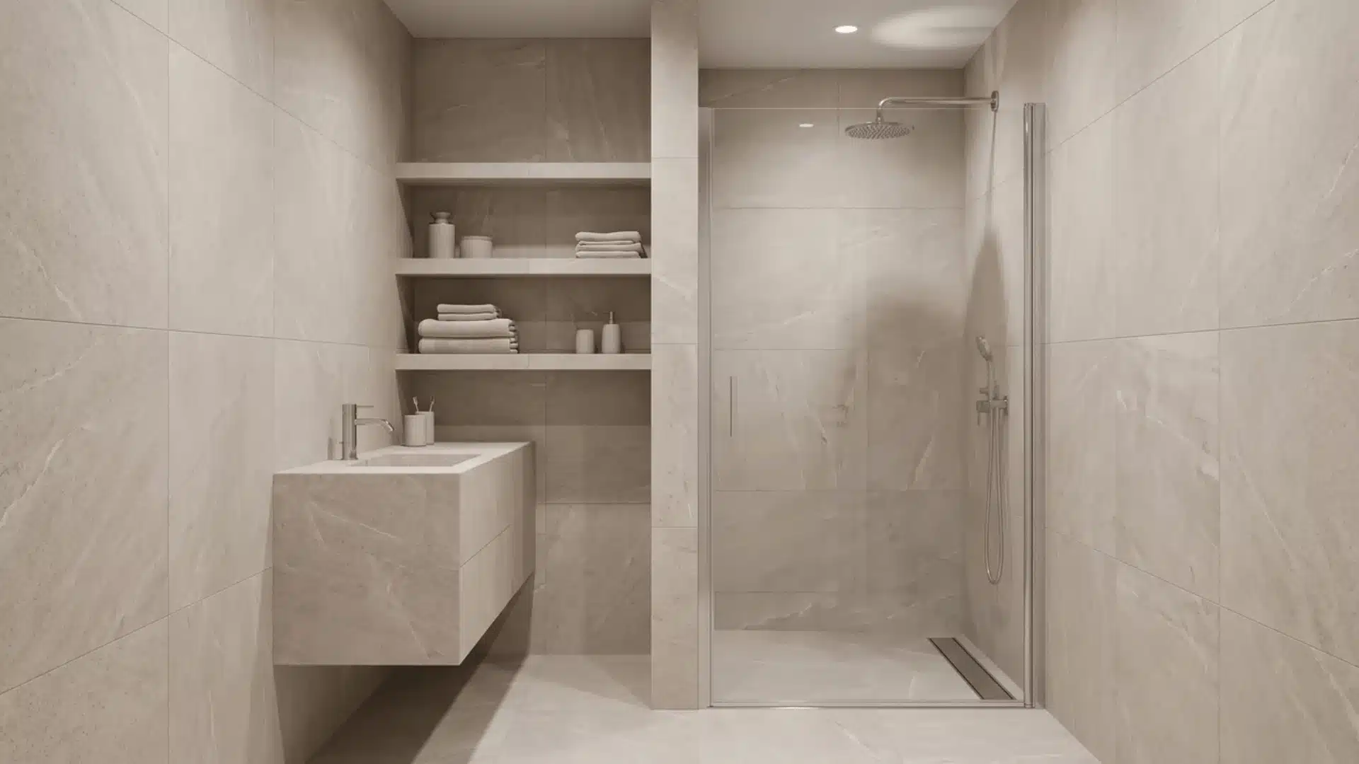 Shower floor with a linear drain along one edge, large tiles, and a single-direction slope in a curbless shower