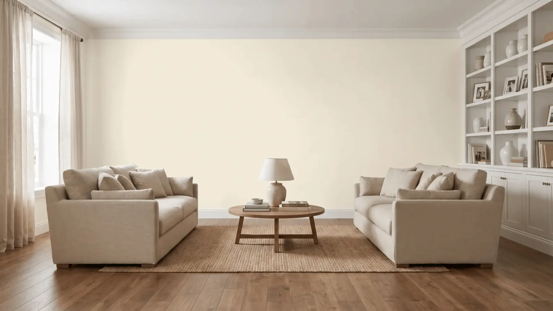 Living room with Linen White walls, linen upholstery, and warm hardwood flooring