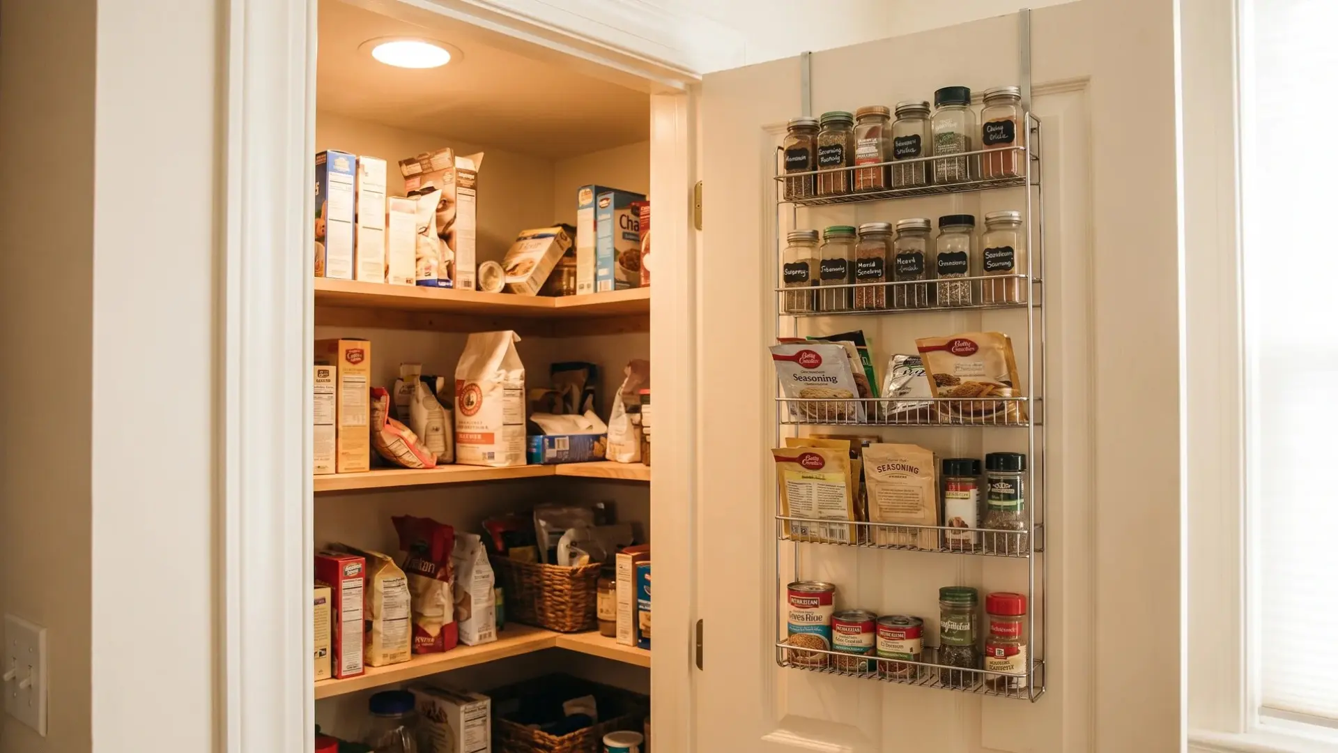 Lived-in small pantry with a slim door rack holding spices, packets, and cans