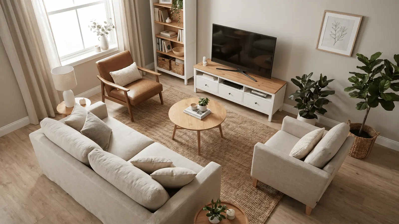Living room with sofa and chairs angled toward a TV and conversation area