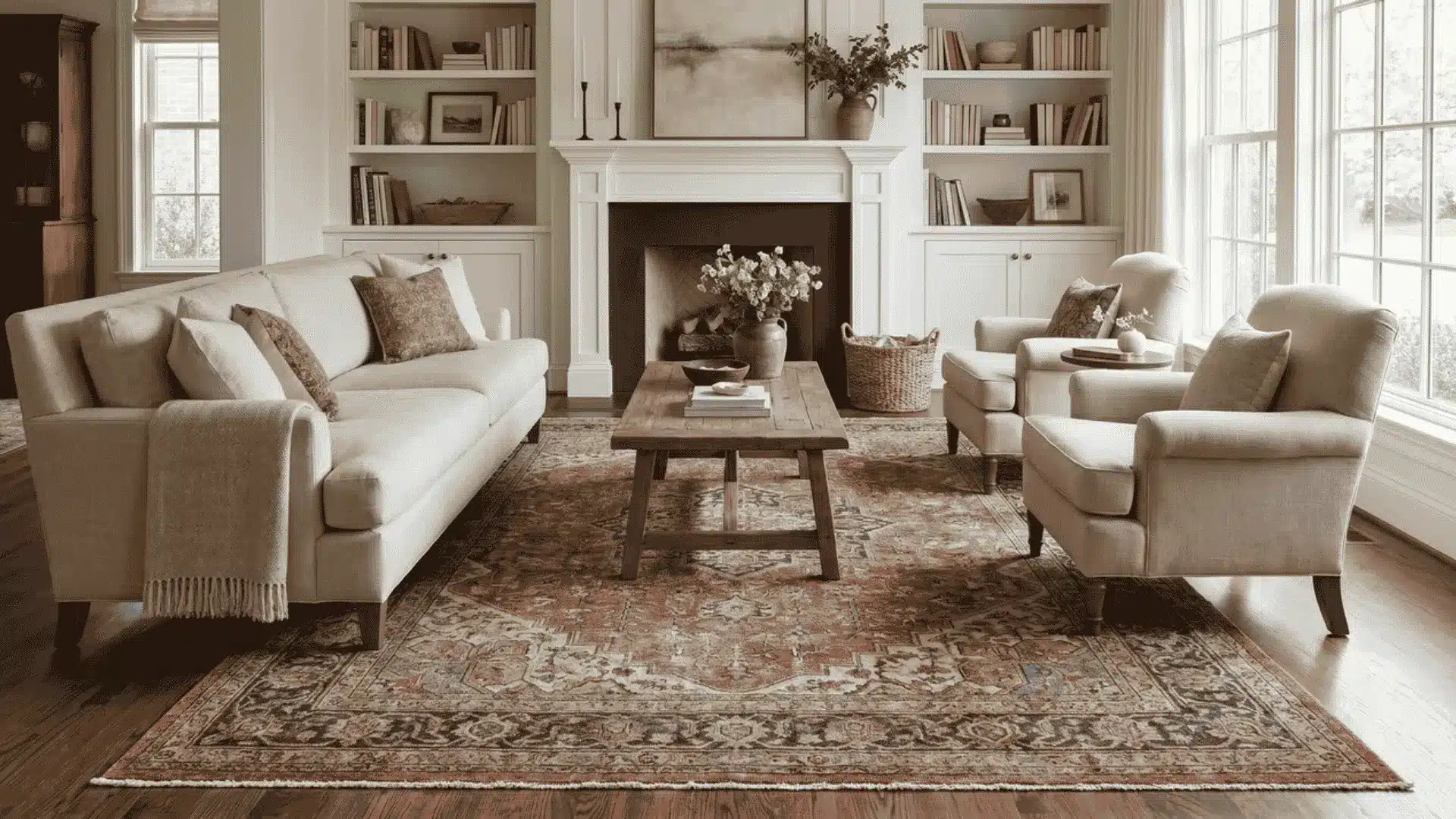 Living room showing a properly sized rug anchoring a sofa, chairs, and coffee table.