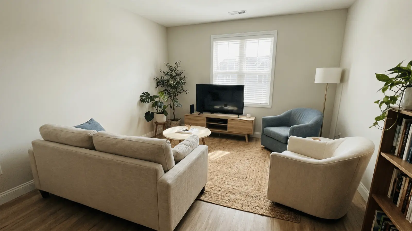 Living room with swivel chairs placed around a coffee table instead of a second sofa